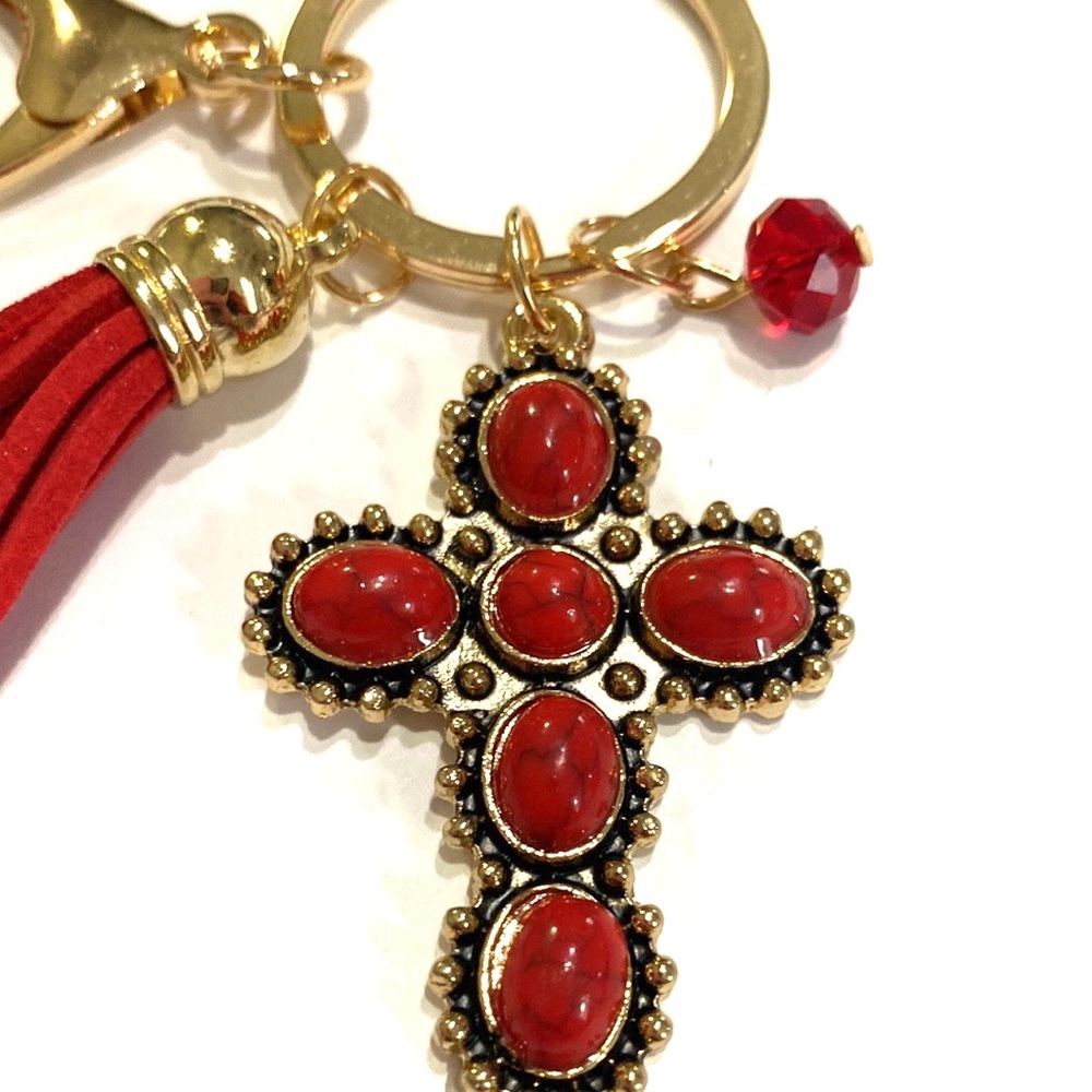 Religious Cross Keychain Purse Charm Red Gold Tone Tassel - Picture 3 of 4
